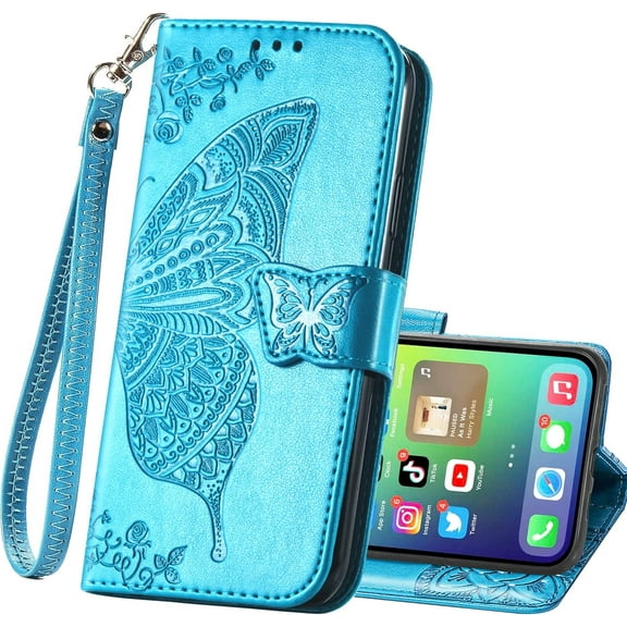 for iPhone 15 Wallet Case,PU Leather Flip Protective Phone Case Wrist Strap Credit Card Holder Pocket Emboss Butterfly Flower Kickstand Case for iPhone 15 Blue