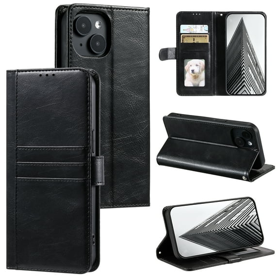 For iPhone 15 Wallet Case, Phone case Premium PU Leather Flip Folio Protective Cover RFID Blocking Strap 6 pockets Credit Card Slots & Wrist Strap,for Women Men Phone Cover,Black