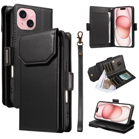 For iPhone 15 Wallet Case, [RFID Blocking 11 Card Slots & 2 Cash Pockets] [Kickstand] [Wrist Strap] [Magnetic Closure] Soft PU Leather Shockproof Protective Flip Case,Black