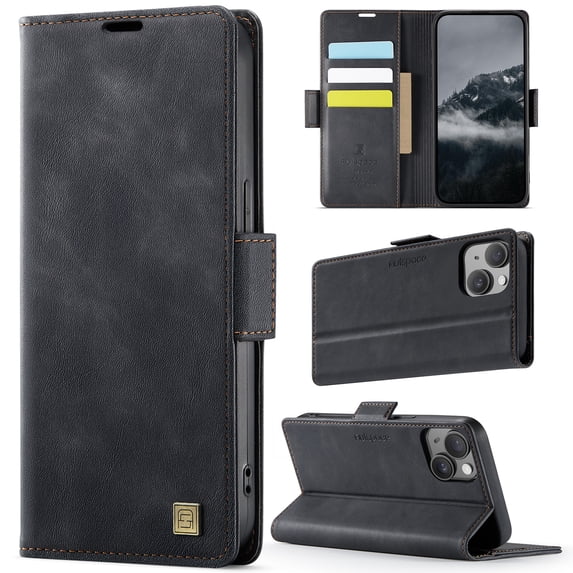 for iPhone 15 Wallet Case with RFID Blocking, 3 Card Slots & Cash Pocket, Kickstand PU Leather Magnetic Closure Full Body Protective Flip Cover, Classic Design for Men and Women, Black