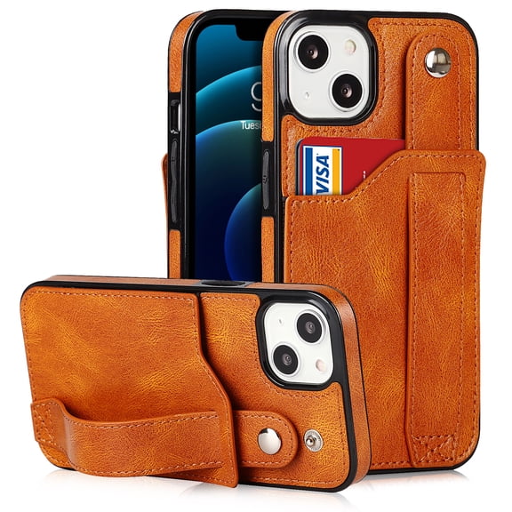 for iPhone 15 Wallet Case with RFID Blocking Card Holder, Hand Wrist Strap Kickstand, Premium PU Leather Shockproof Anti-Scratch Heavy Duty Protection Back Cover Men Women, Khaki