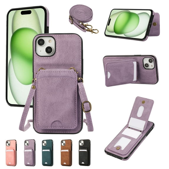 for iPhone 15 Wallet Case with Shoulder Lanyard Strap, Crossbody Phone Case with Card Holder Slots for Women Girls, Luxury PU Leather Flip Stand Purse Cover Shockproof Case, Purple