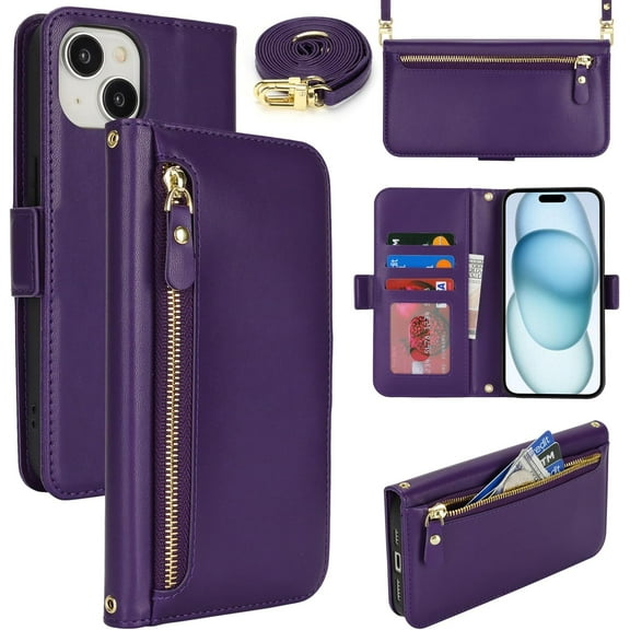 for iPhone 15 Wallet Case for Women,Zipper Pocket,PU Leather Phone Case Stand flip Cover Crossbody Lanyard Strap Zipper Credit Card Holder Slots for Apple 15,Dark Purple