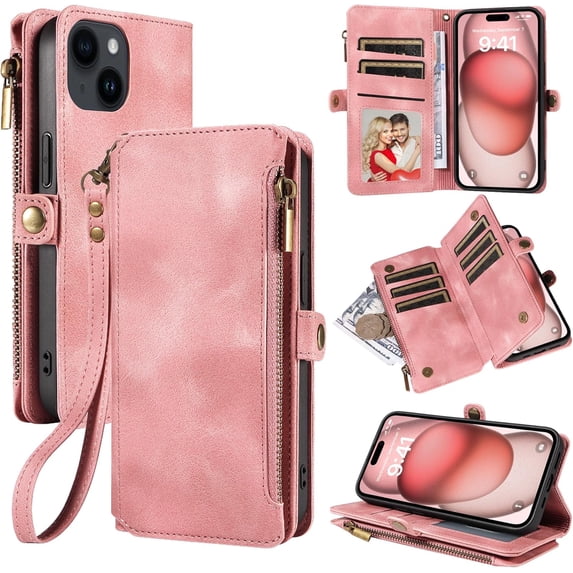 iPhone 15 Wallet Case with Zipper Card Holder and Wrist Strap for Women Men, Durable PU Leather Magnetic Buckle Flip Phone Case, RFID Blocking Purse Cover for iPhone 15, Pink