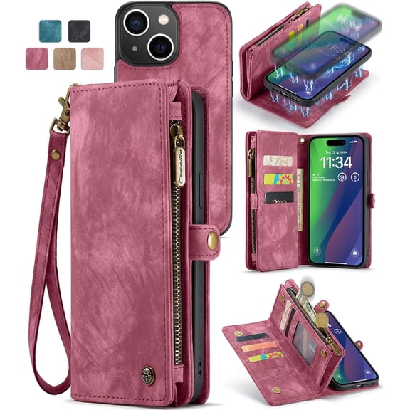 For iPhone 15 Wallet Case,iPhone 15 Zipper Folio Leather Case Wallet with Card Holder Strap Wristlet Detachable Magnetic Protective Back Case for iPhone 15 5G 6.1 Inch
