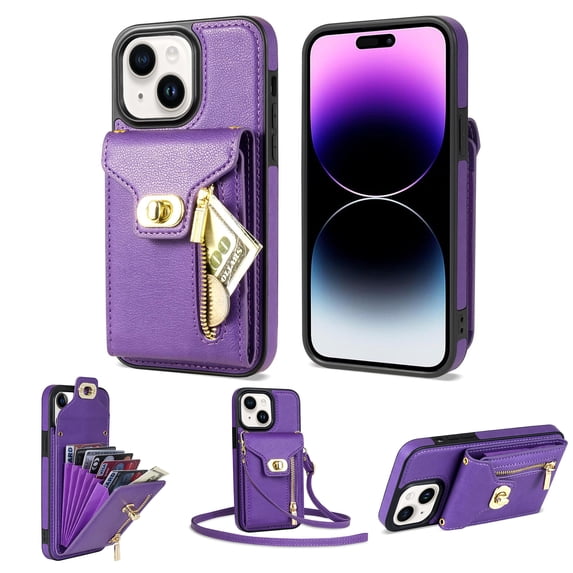 for iPhone 15 Wallet Case, iPhone 15 Zipper Purse Crossbody Wallet Phone Case with Lanyard, Metal Buckle Closure PU Leather Card Holder Kickstand Flip Folio Protective Cover,Purple