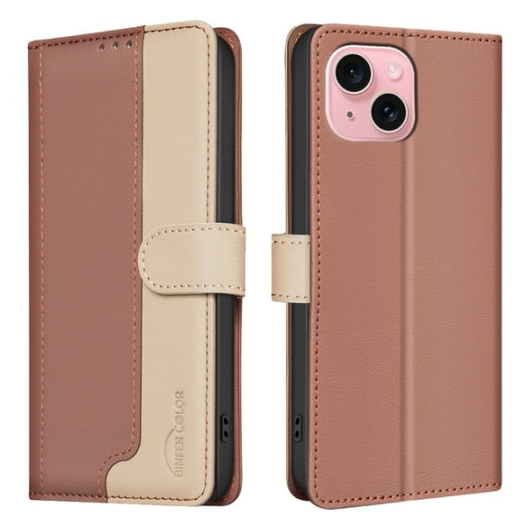 for iPhone 15 Wallet Flip Case, Luxury Premium PU Leather Card Slots Strong Magnetic Closure Kickstand RFID Blocking Phone Case Cover for iPhone 15 - Brown