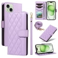 thumbnail image 1 of For iPhone 15 Wallet Grid Texture Magnetic Flip Cover Card Holder & Bills Slot, Soft PU Leather Magnetic For Women Wallet Case With Detachable Shoulder Strap And Wrist Strap,Purple,For iPhone 15, 1 of 9