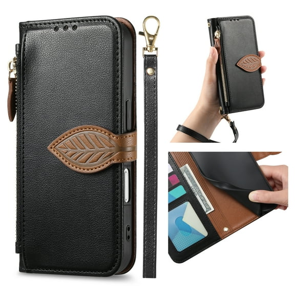 For iPhone 15 Wallet Phone Case,PU Leather Flip Fold Kickstand,With Wrist Strap+Shoulder Strap,Card Holder,Zipper Pocket,Leaf Design Magnetic Closure Shockproof Durable Phone Case,Black