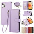 thumbnail image 1 of for iPhone 15 Wallet case with Card Holder for Women Men,Phone case RFID Blocking PU Leather Flip Cover with Strap Zipper Credit Card Slots,Kickstand,With Wrist Strap,Purple, 1 of 9
