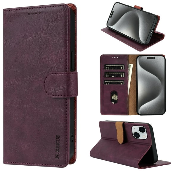 for iPhone 15 Wallet case with RFID Blocking Credit Card Holder,Flip Book Kickstand PU Leather Magnetic Closure Protective Cover Women Men for iPhone 15 Phone Case,Winered