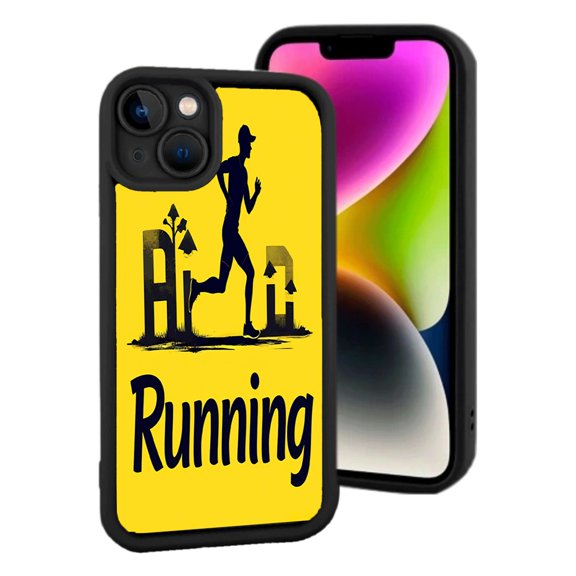 iPhone 15 Yellowing Resistant Lightweight Case - Bright Yellow Runner Silhouette Design with Bold ' Running ' Text & Track Elements