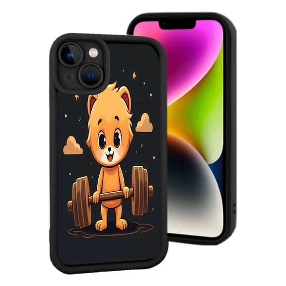 iPhone 15 Yellowing Resistant Lightweight Case - Cheerful Bear Lifting Weights Design with Clouds & Stars on Black Background