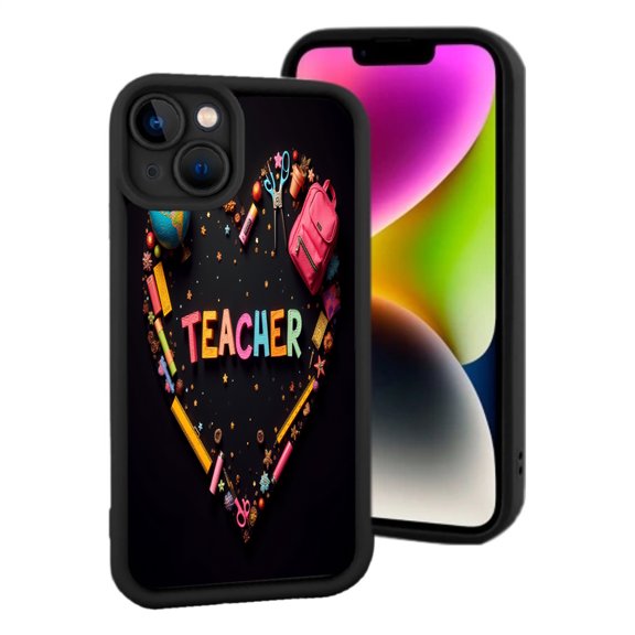 iPhone 15 Yellowing Resistant Lightweight Case - Colorful Heart Design with Educational Items Perfect for Creative Teachers