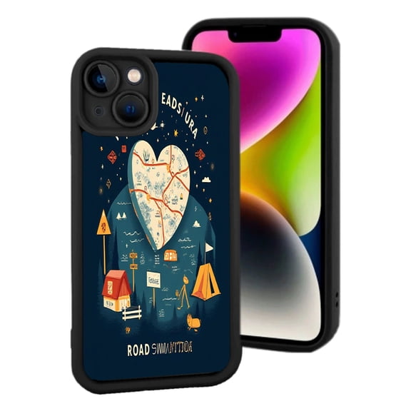 iPhone 15 Yellowing Resistant Lightweight Case - Heart - Shaped Map Design with Camping Elements Stars & Clouds Perfect for Adventurers