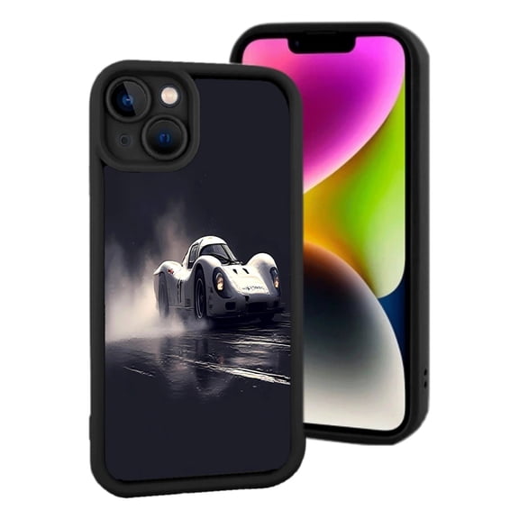 iPhone 15 Yellowing Resistant Lightweight Case - Sleek Silver Racing Car Design on Wet Track Stylish & Durable Protection