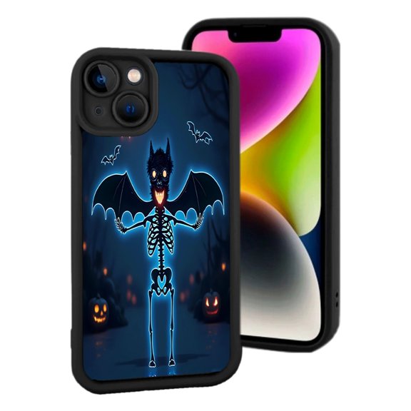 iPhone 15 Yellowing Resistant Lightweight Case - Spooky Skeleton with Bat Wings - o ' - Lanterns Halloween Design