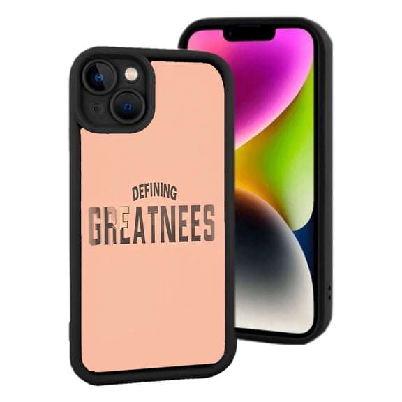 iPhone 15 Yellowing Resistant Lightweight Case - Stylish Black Frame with Peach Back Bold ' DEFINING GREATNESS ' Design