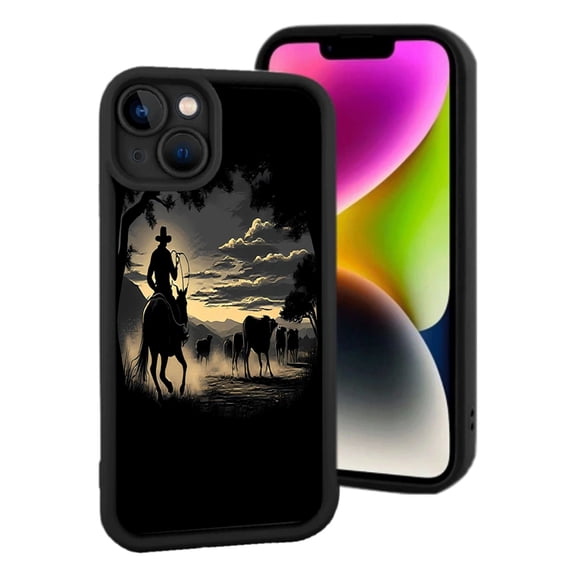 iPhone 15 Yellowing Resistant Lightweight Case - Stylish Cowboy Silhouette Design Against Sunset Perfect for Western Aesthetic Lovers