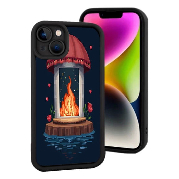 iPhone 15 Yellowing Resistant Lightweight Case - Stylish Pixel Art Design with Red Umbrella & Flame Perfect for Unique Style
