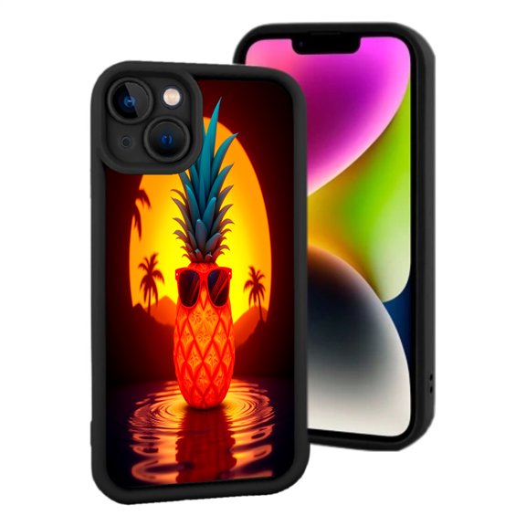 iPhone 15 Yellowing Resistant Lightweight Case - Tropical Pineapple Design with Sunset & Palm Tree Reflection Perfect for Summer Vibes