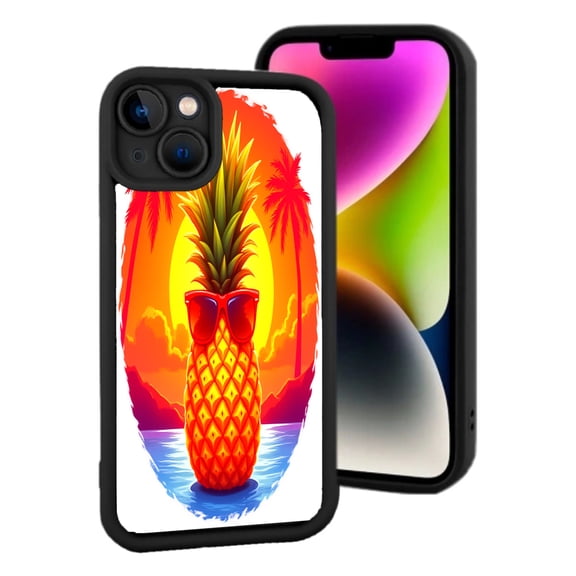iPhone 15 Yellowing Resistant Lightweight Case - Tropical Sunset Pineapple Design with Vibrant Colors & Palm Tree Silhouettes
