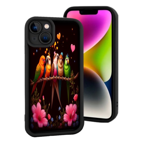 iPhone 15 Yellowing Resistant Lightweight Case - Vibrant Parrot Pattern with Colorful Hearts & Flowers Whimsical Design