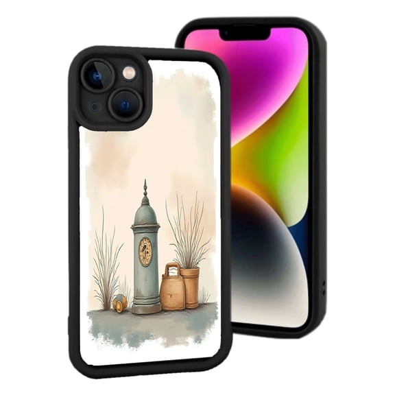 iPhone 15 Yellowing Resistant Lightweight Case - Vintage Water Pump Design with Clock Face & Soft Watercolor Background