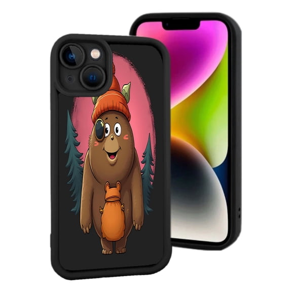 iPhone 15 Yellowing Resistant Lightweight Case - Whimsical Cartoon Bear Design with Cheerful Expression & Playful Forest Background