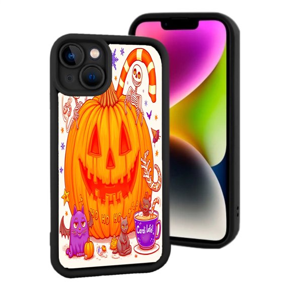 iPhone 15 Yellowing Resistant Lightweight Case - Whimsical Halloween Pattern with Pumpkins Cats and Skeletons