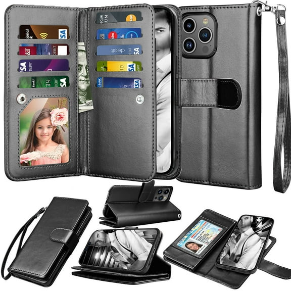 iPhone 15 / iPhone 15 Pro / iPhone Plus / iPhone 15 Pro Max Wallet Case Cover, Pu Leather ID Cash Credit Card Slots Holder Carrying Folio Flip Cover [Detachable Magnetic Hard Case] Kickstand