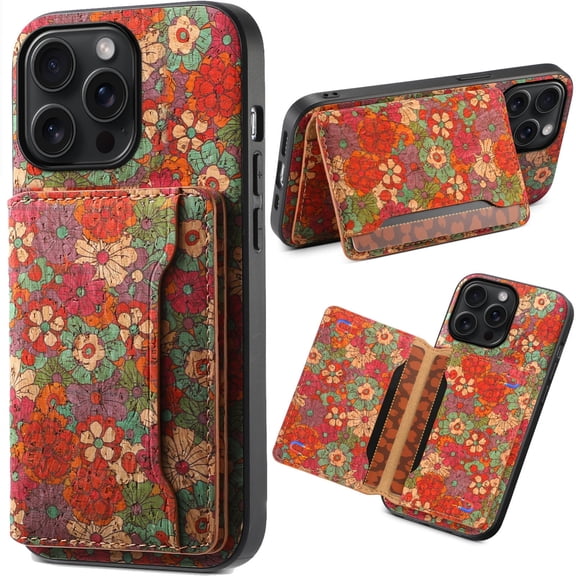 for iPhone 15Pro Cork Wood Phone Case Retro Colorful Flower Floral Printed Back Cover, Multiple Magnetic Folio Flip ID Credit Card Holder Slot, Kickstand Support