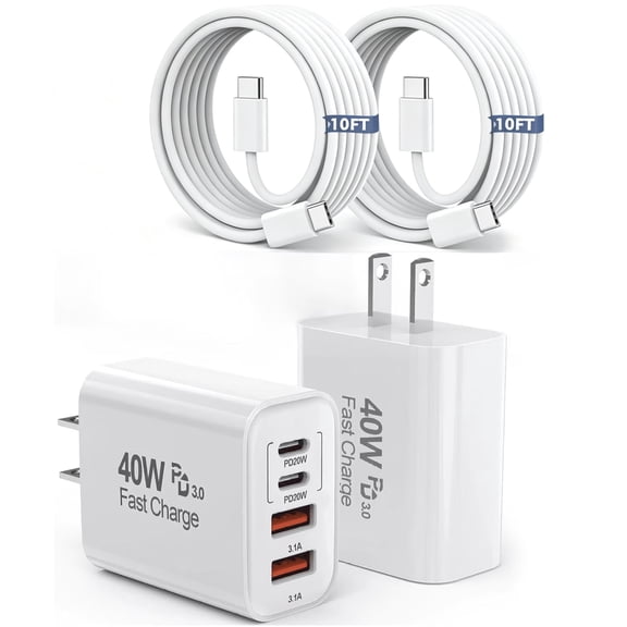 USB C Charger Compatible for iPhone 18 17 16 15 Charger,2Pack 10FT USB C to C Cable Cord,40W 4 Port PD&AC USB C Charger Block Fast Charging Compatible with iPhone Duo/18/17/16/15 Pro Max