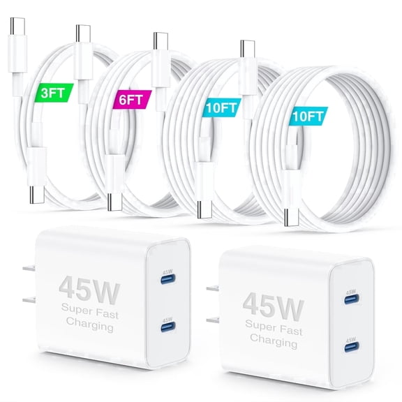 iphone 17 16 15 charger fast chargingļ¼45W Dual Port USB C Fast Charger Block with 3/6/10/10FT 60W USB C to C Cables Super Fast Charging Wall Charger for Samsung Galaxy S26 /S25 Ultra/S24+/S23 case