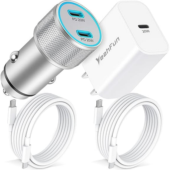 for iPhone 16/15 Pro Max/Plus Car Charger, 40W Dual USB-C Port Cigarette Lighter Car Adapter + 20W PD USBC Wall Charging Block + 2X 3FT USB C Cable for iPad, Pixel 9/8/7/6, Android