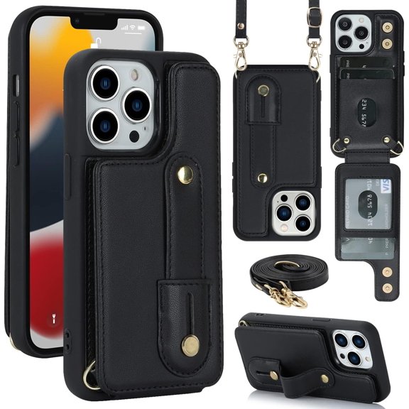 for iPhone 16/16 Pro/16 ProMax Case Premium Leather Flip Card Holder Photo Frame Wallet Case Equipped with Long Strap for Cross-Body Adjustable Wrist Strap Bracket,6 Color