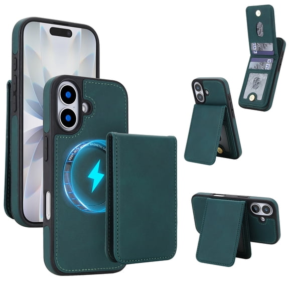 for iPhone 16 2 In 1 Detachable Magnetic Case, PU Leather TPU Cover with Removable Card Slots Kickstand Slim Shockproof Protective Rugged Case Cover, Green