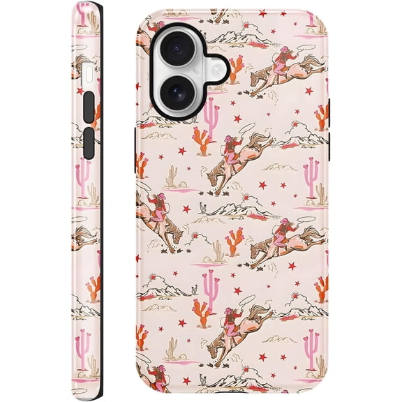for iPhone 16 6.1'' Cute Cowgirl Star Western Phone Case, 2 in 1 Cool Aesthetic Horseback Riding Cactu Stars Case Shockproof Protective Non-Slip Design Protection Cover or Woman Girls