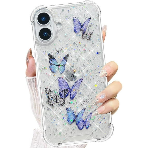 for iPhone 16 6.1" Glitter Case with Pink Butterfly, Shockproof Protective Phone Cover Women Girls Soft Flexible TPU Stars Sparkle Glitter Anti-Scratch Bling Case for iPhone 16, Purple