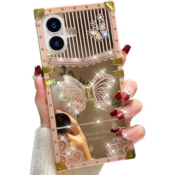 for iPhone 16 6.1" Kickstand Case, Bling Glitter Diamond Butterfly Mirror Woman Girly Glitter Foldable Stand Golden Plated 4 Corner Shockproof Protective Cute Soft Cover for iPhone 16, Pink