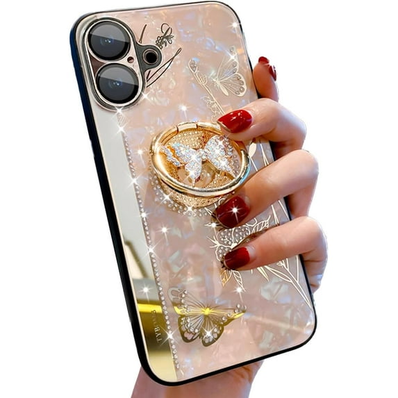 for iPhone 16 6.1" Kickstand Case, Cute Marble Glitter Bling Rhinestone Shiny Diamond 3D Butterfly Ring Shockproof TPU Bumper Elegant Girly Women Phone Case Hard Cover for iPhone 16 (Gold)