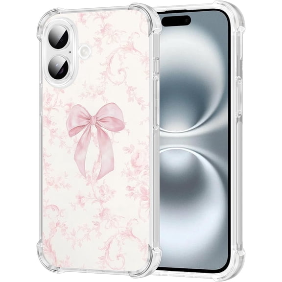 for iPhone 16 6.1''Light Pink Bow Floral Case, Vintage Vine Flower Pattern Clear Phone Case for Women Girls, Anti-Yellowing Anti-Fall Shockproof Full Body Protective Phone Cover