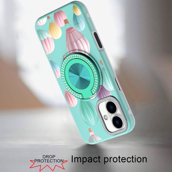 For iPhone 16 (6.1") Phone Case, Pattern Design Hybrid with Invisible Ring Stand & Magnetic Back, Shockproof Protective Grip Cover for iPhone 16 - Hot Air Balloon