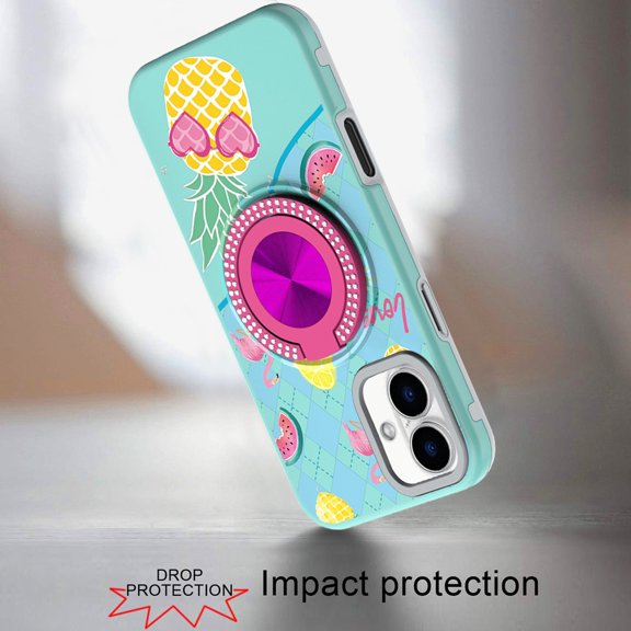 For iPhone 16 (6.1") Phone Case, Pattern Design Hybrid with Invisible Ring Stand & Magnetic Back, Shockproof Protective Grip Cover for iPhone 16 - Pineapple Love Vibe