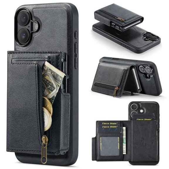 For iPhone 16 6.1" RFID Blocking 2 In 1 Detachable Leather Wallet With Popup Button Multi-Card Slot Zipper Pocket Magnetic Phone Case,Black,For iPhone 16