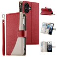 thumbnail image 1 of For iPhone 16 6.1" Splicing Multi Card Slots/Pocket Zipper Wallet Strong Magnetic Attachment/Closure,  PU Leather Flip Wallet Case With Hanging Rope,Red,For iPhone 16, 1 of 6
