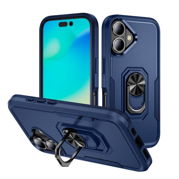 for iPhone 16 Armor Case with Camera Lens Slide Protection [Military Grade Drop Tested] for Magnetic Car Mount Ring Holder Kickstand Protective Heavy Duty Phone Case,Blue