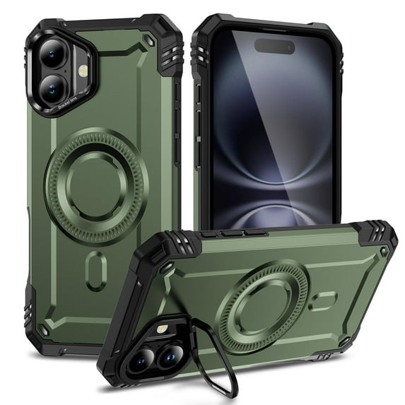 for iPhone 16 Armor Case with Kickstand, Luxury Military-Grade Drop Protection Heavy Duty Magnetic Phone Case, Compatible with MagSafe Accessories, for iPhone 16 - Armygreen