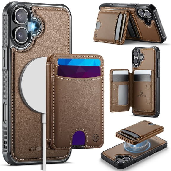for iPhone 16 Back Case + Detachable Magnetic Card Slots, Classic Kickstand RFID Blocking Shockproof Protective PU Leather + TPU 2 In 1 Wallet Case for iPhone 16, Brown