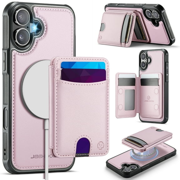 for iPhone 16 Back Case + Detachable Magnetic Card Slots, Classic Kickstand RFID Blocking Shockproof Protective PU Leather + TPU 2 In 1 Wallet Case for iPhone 16, Pink